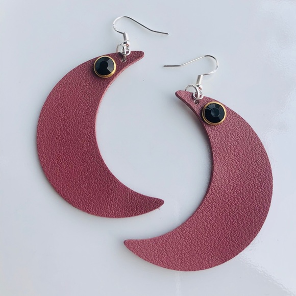 Jewelry - Vegan Leather Earrings Moons 925 Silver Brown New